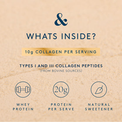 Vanilla collagen protein powder from Dose and Co in a resealable pouch, showcasing the product packaging and label.