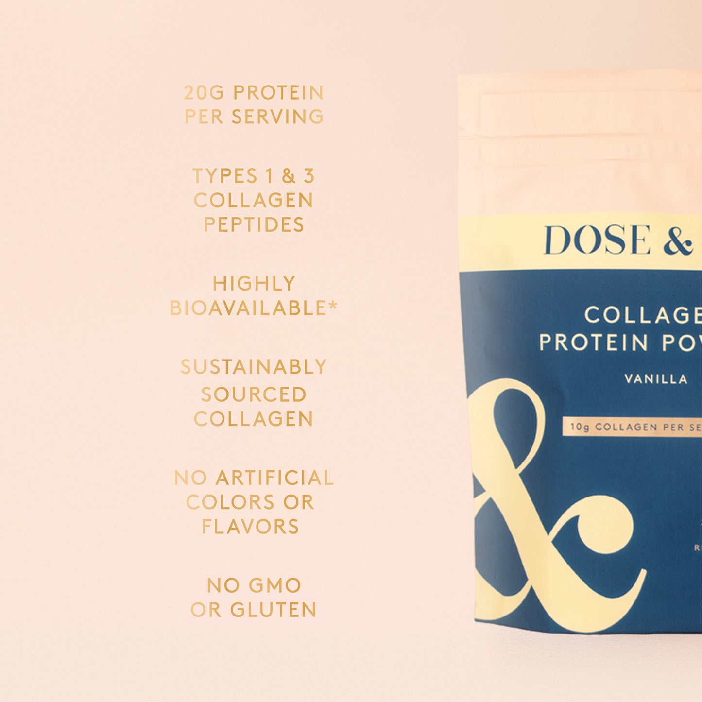 Vanilla collagen protein powder in a Dose and Co pouch, showing the white container with product label and vanilla flavor description.