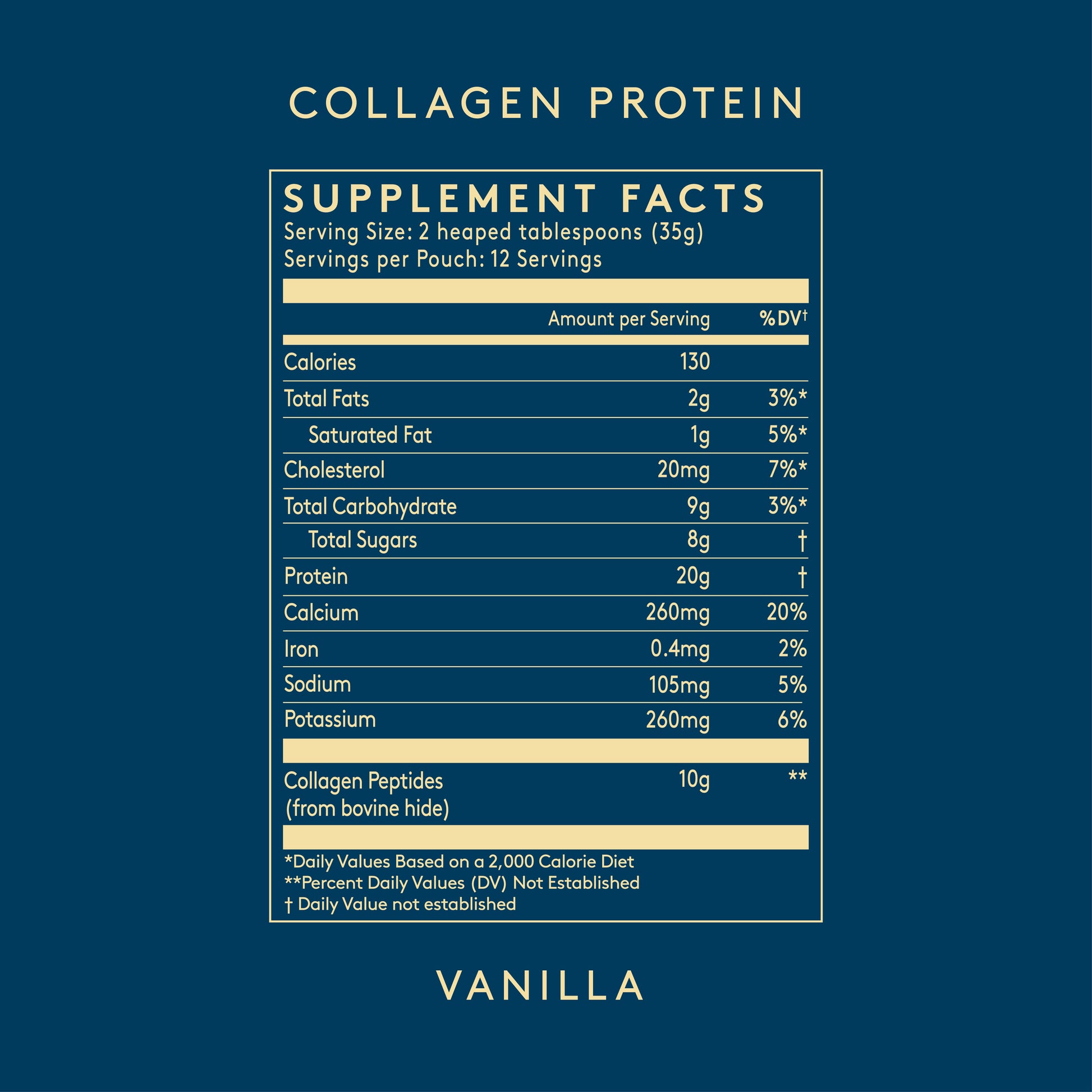 Vanilla collagen protein powder pouch from Dose and Co, showing the creamy powder inside a resealable pouch.