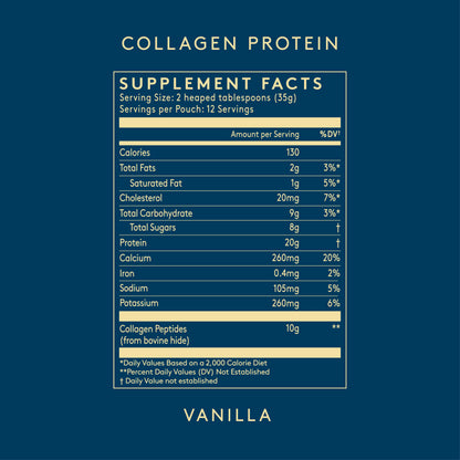 Vanilla collagen protein powder pouch from Dose and Co, showing the creamy powder inside a resealable pouch.