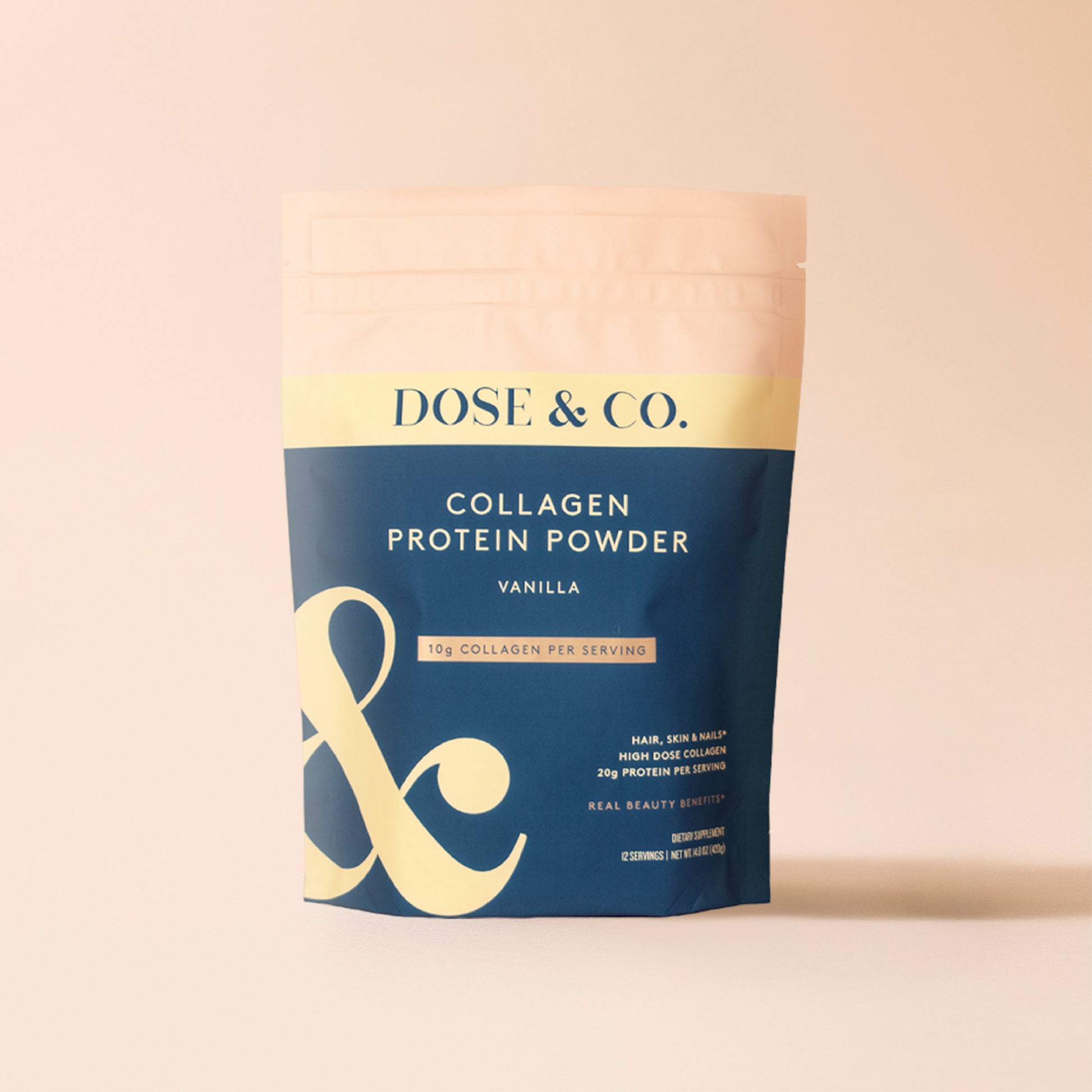 Dose and Co collagen protein powder in vanilla flavor, displayed in a pouch with a scoop on a clean surface.