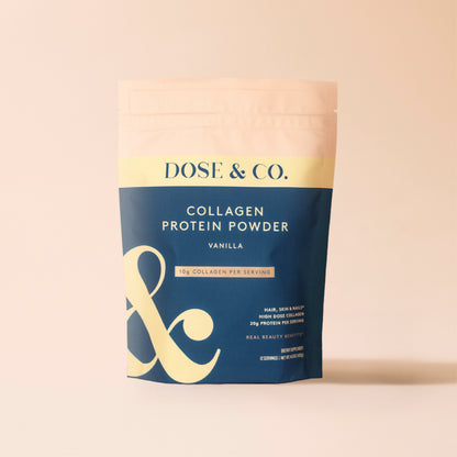 Dose and Co collagen protein powder in vanilla flavor, displayed in a pouch with a scoop on a clean surface.
