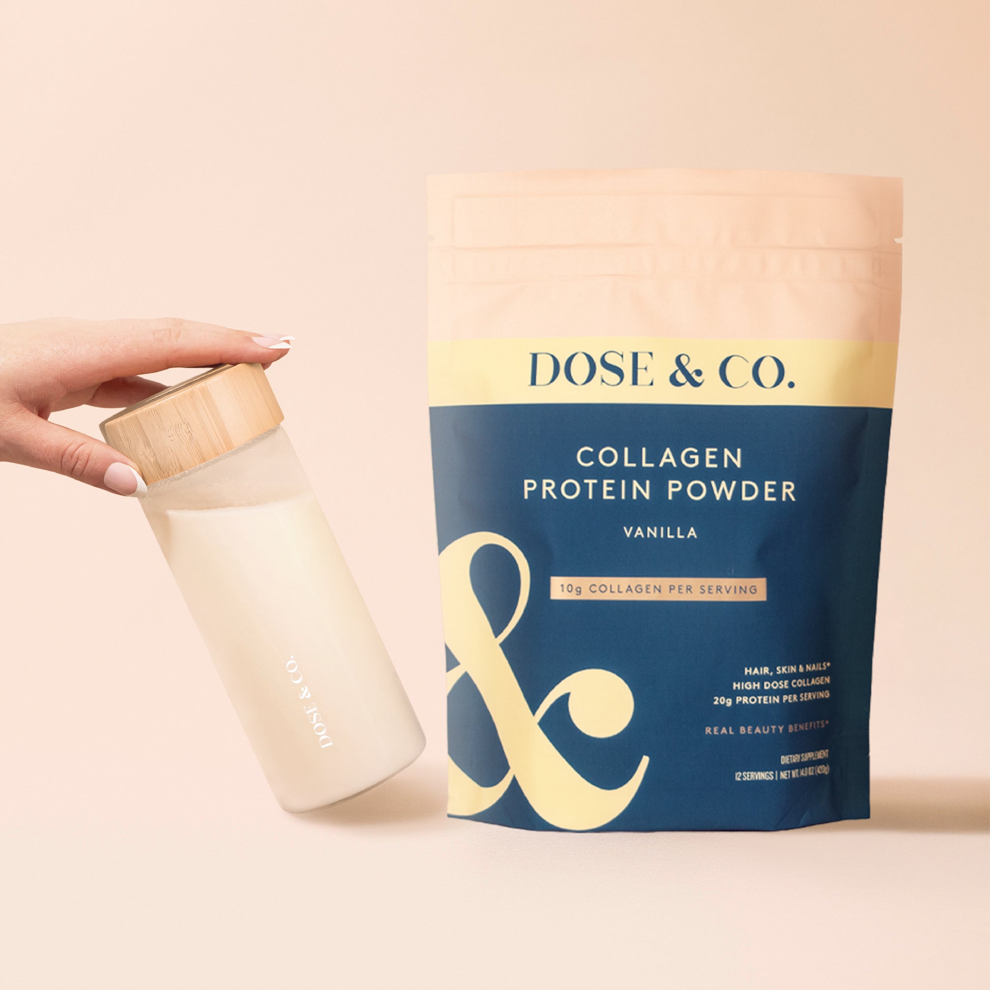 Vanilla collagen protein powder pouch from Dose and Co, showing the product packaging with a clear label and vanilla flavor branding.