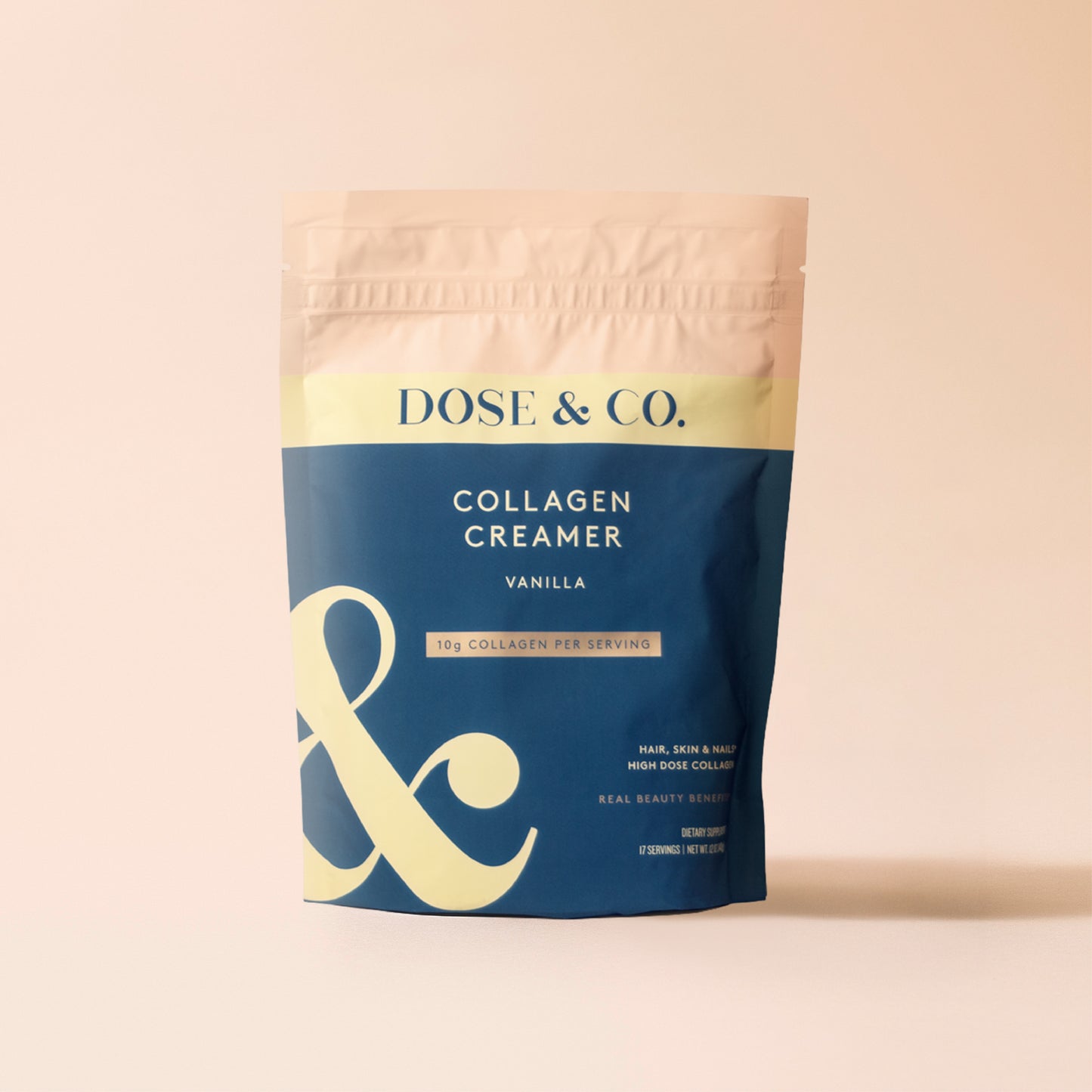 Vanilla collagen creamer pouch by Collagen Creamer, showing the product packaging with a vanilla-flavored collagen creamer pouch.