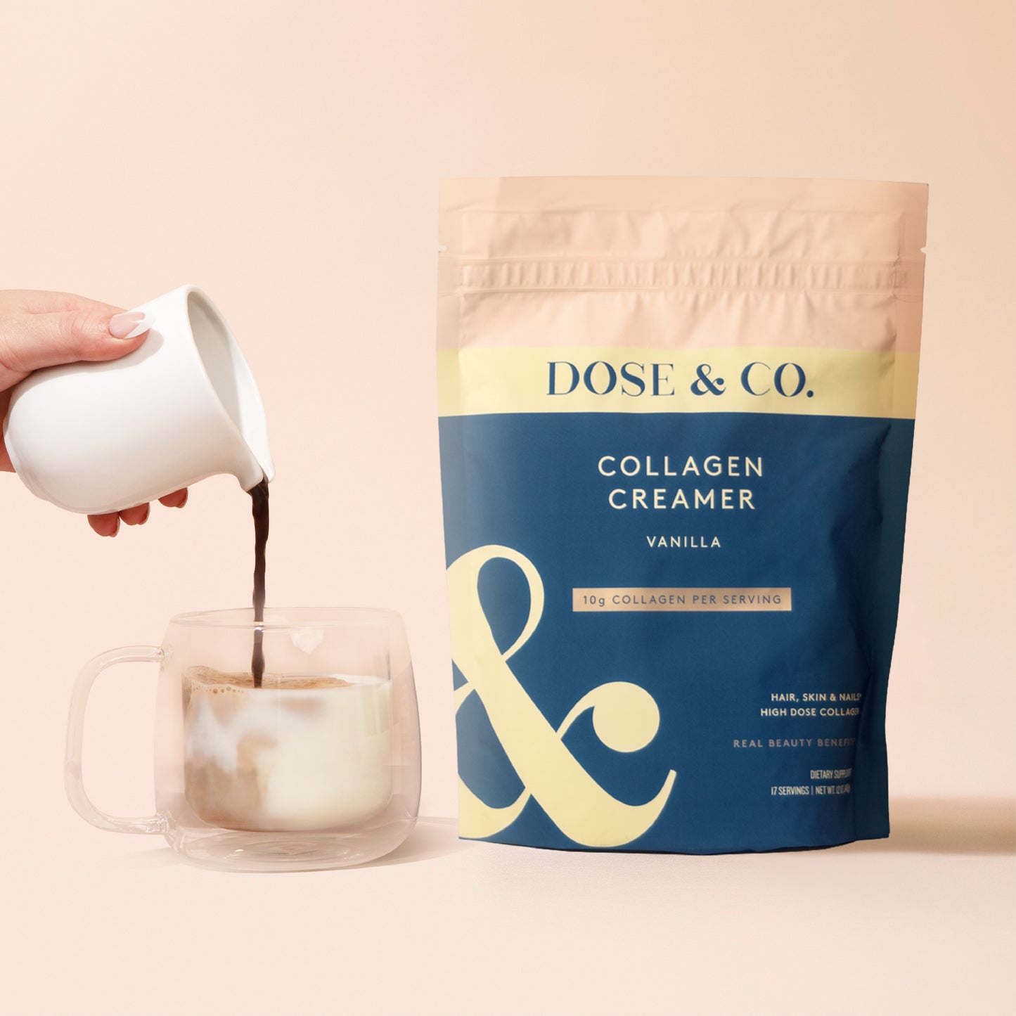Collagen Creamer Vanilla pouch showing the packaging with a clear label and vanilla flavor description.