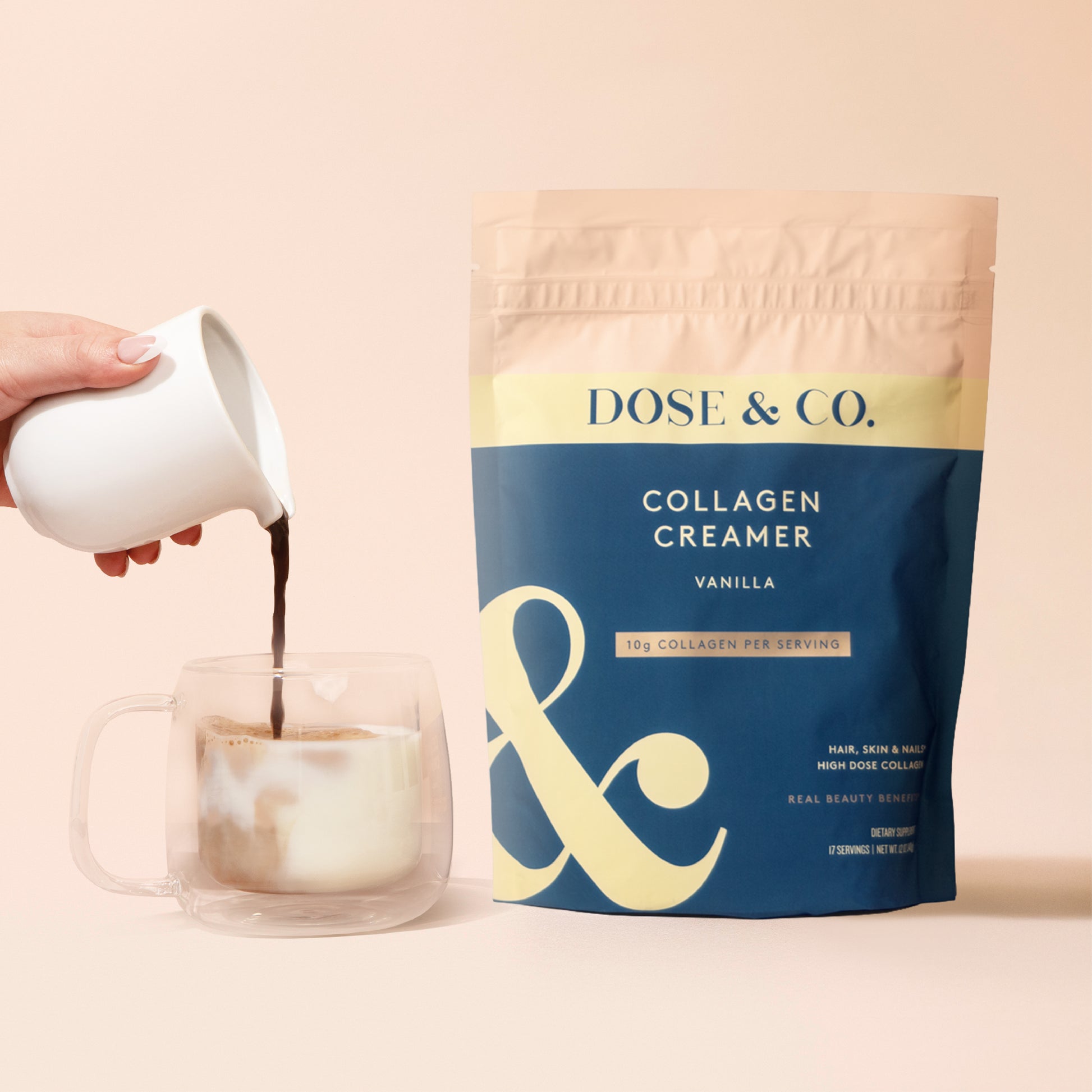 Collagen Creamer Vanilla pouch showing the packaging with a clear label and vanilla flavor description.