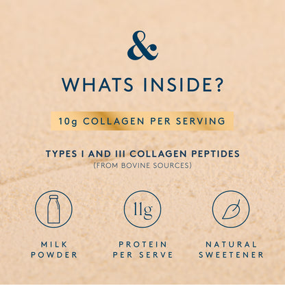 Vanilla collagen creamer pouch showing the product packaging with a clear label and vanilla flavor indication.