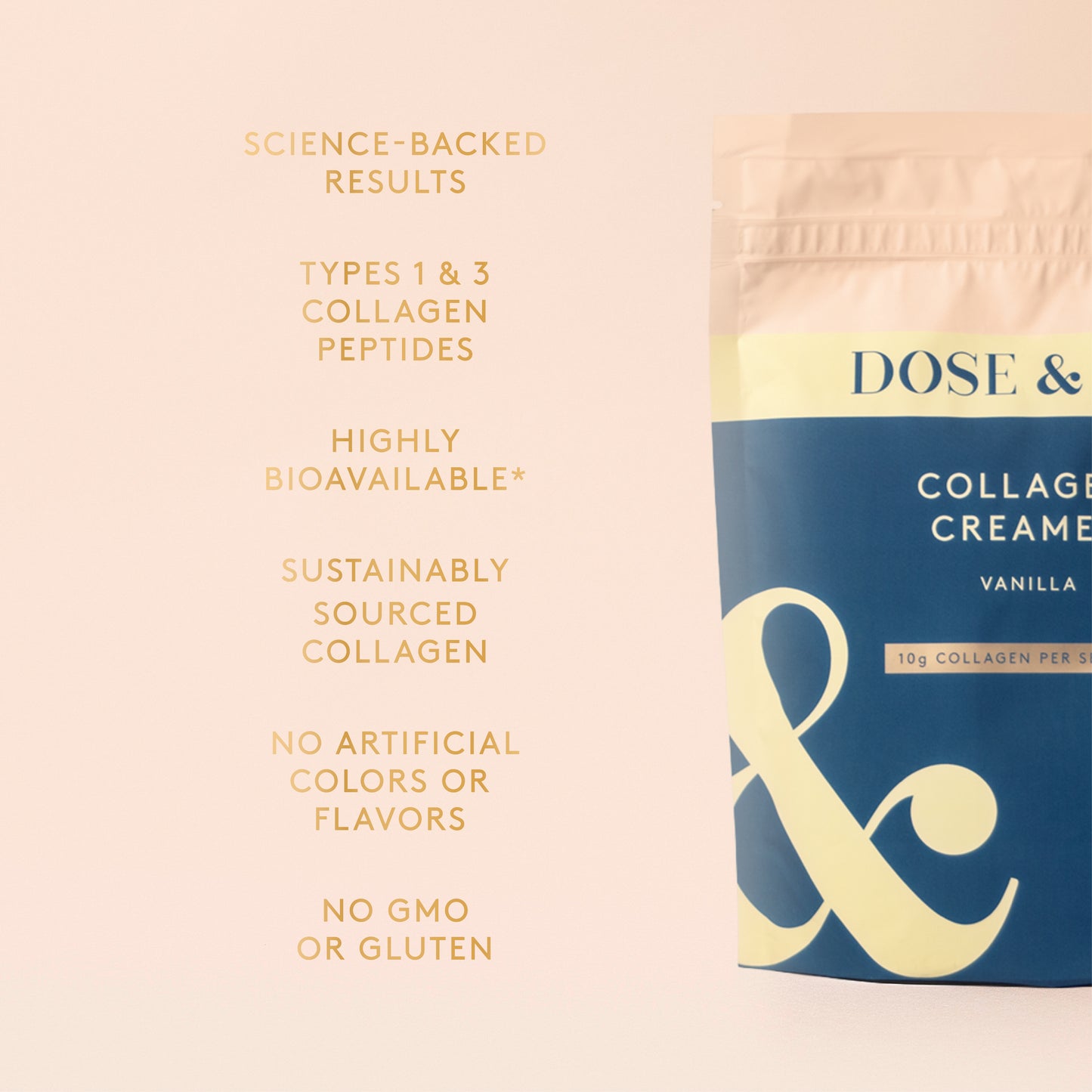 Vanilla collagen creamer pouch from Collagen Creamer, showing the product packaging with vanilla flavor branding and design.