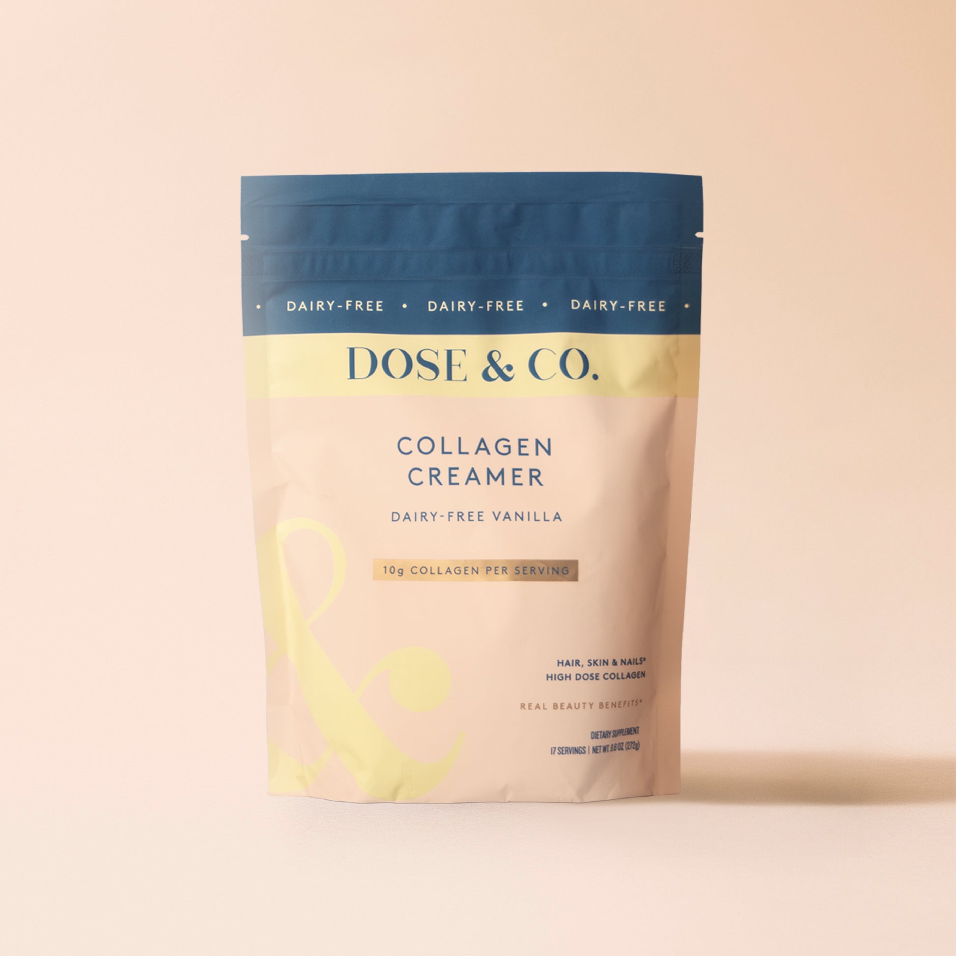Dairy-free Collagen Creamer vanilla pouch featuring collagen creamer in a resealable bag with vanilla flavor and branding.