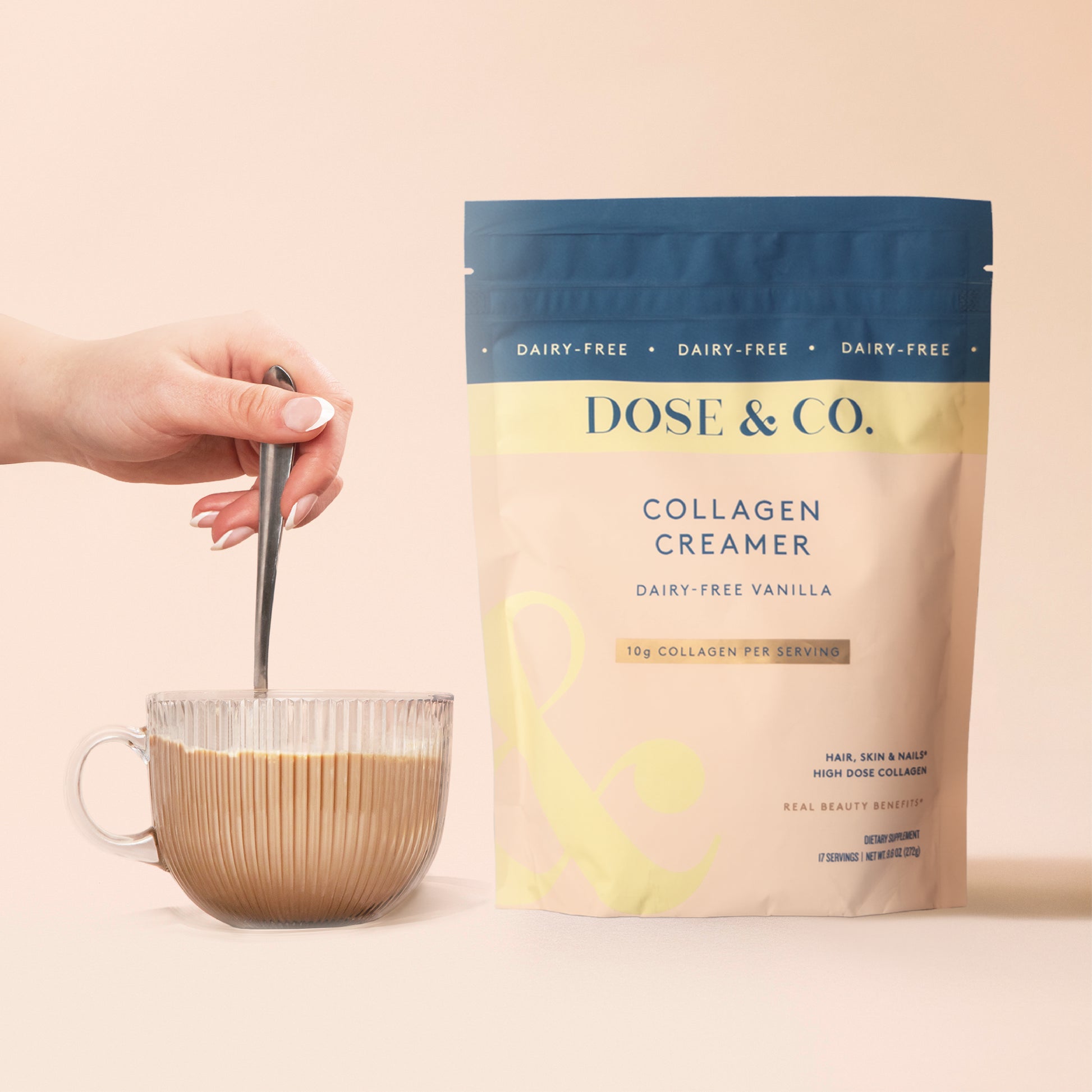 Dairy-free vanilla collagen creamer pouch from Collagen Creamer, showing the product packaging with vanilla flavor branding.