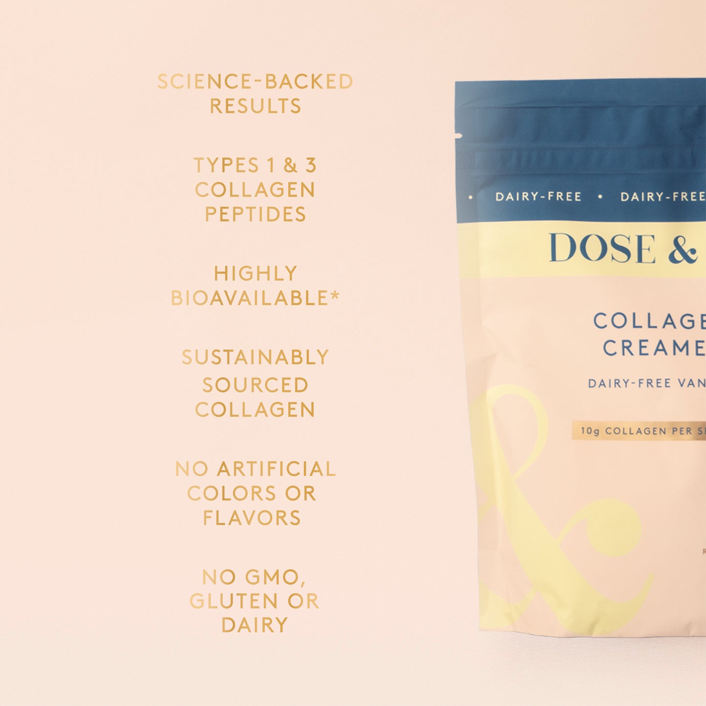Dairy-free vanilla collagen creamer pouch by Collagen Creamer, featuring creamy texture and vanilla flavor in a flexible pouch.