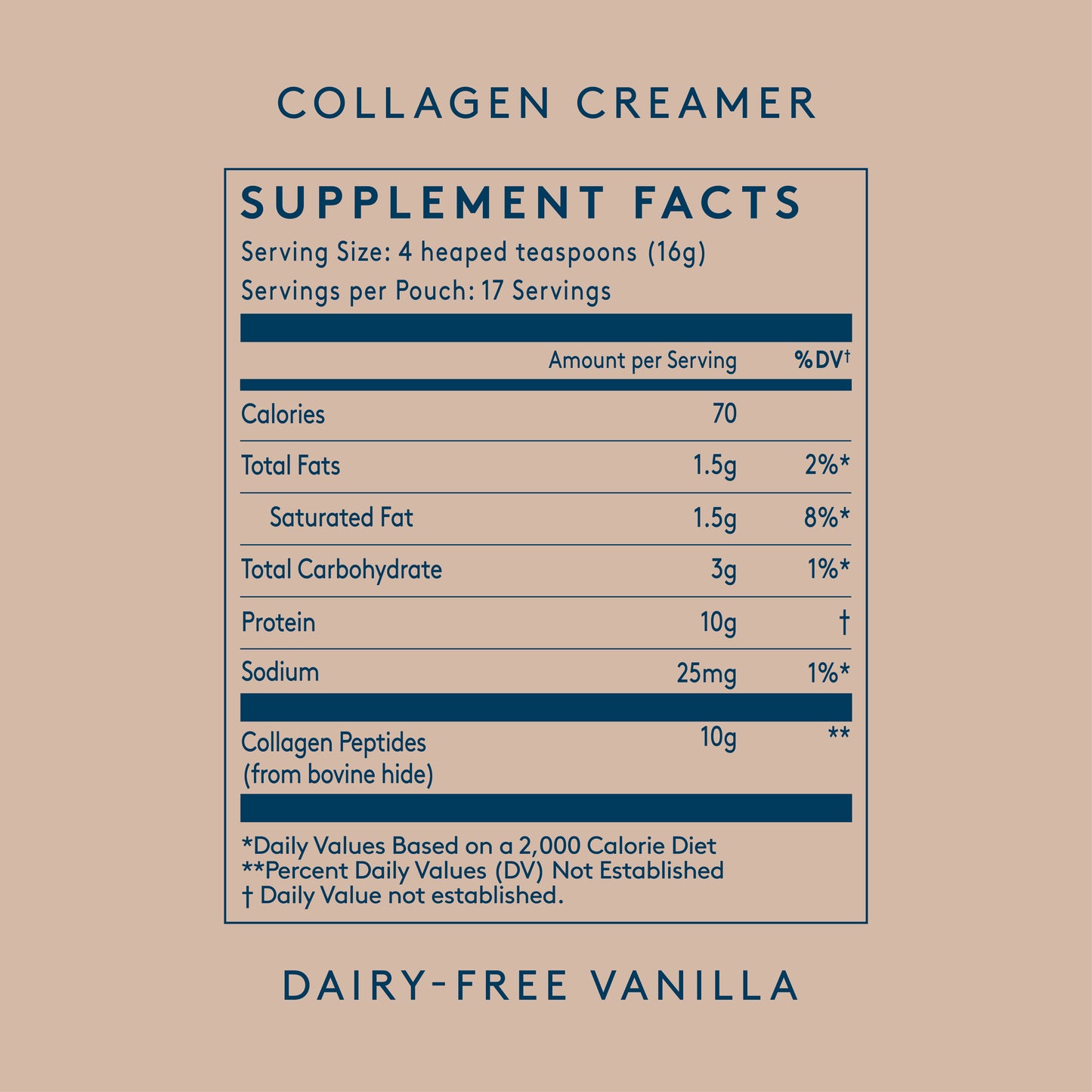 Dairy-free vanilla collagen creamer pouch from Collagen Creamer featuring creamy texture and vanilla flavor for coffee or beverages.