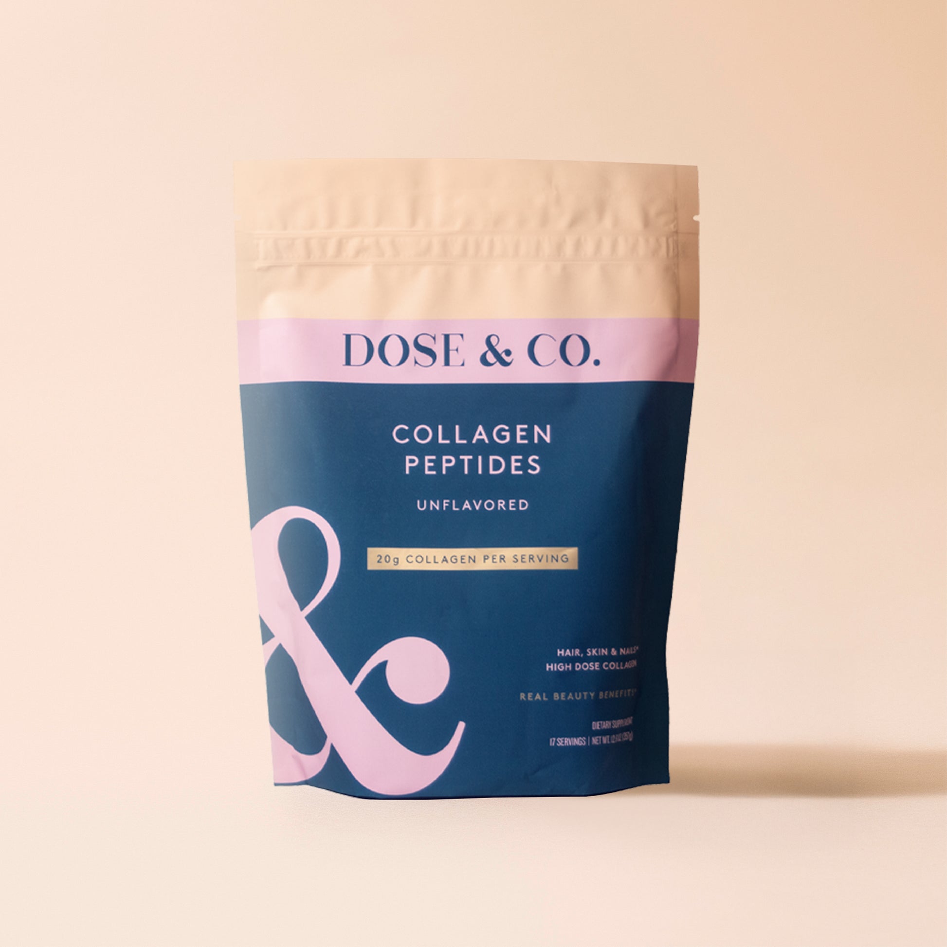 Unflavored bovine collagen peptides in a Pure Collagen pouch, showing the resealable packaging and product label.